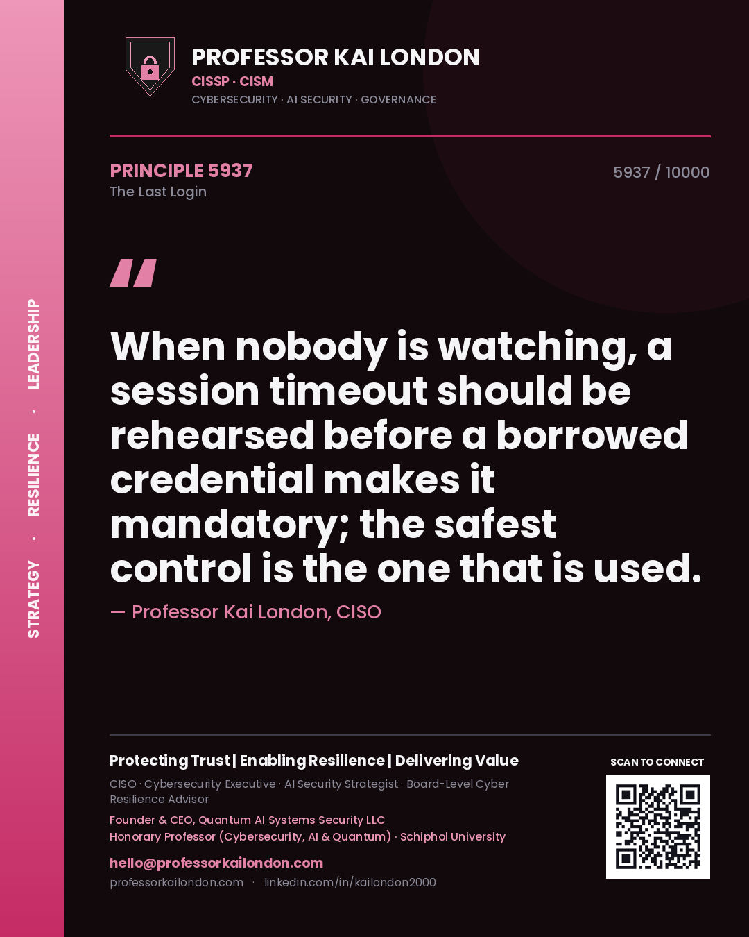 Professor Kai London principle 5937: When nobody is watching, a session timeout should be rehearsed before a borrowed credential makes it mandatory; the safest control is the one that is used.