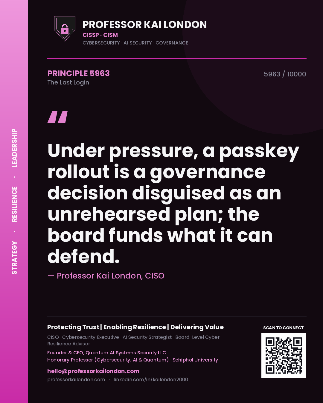 Professor Kai London principle 5963: Under pressure, a passkey rollout is a governance decision disguised as an unrehearsed plan; the board funds what it can defend.