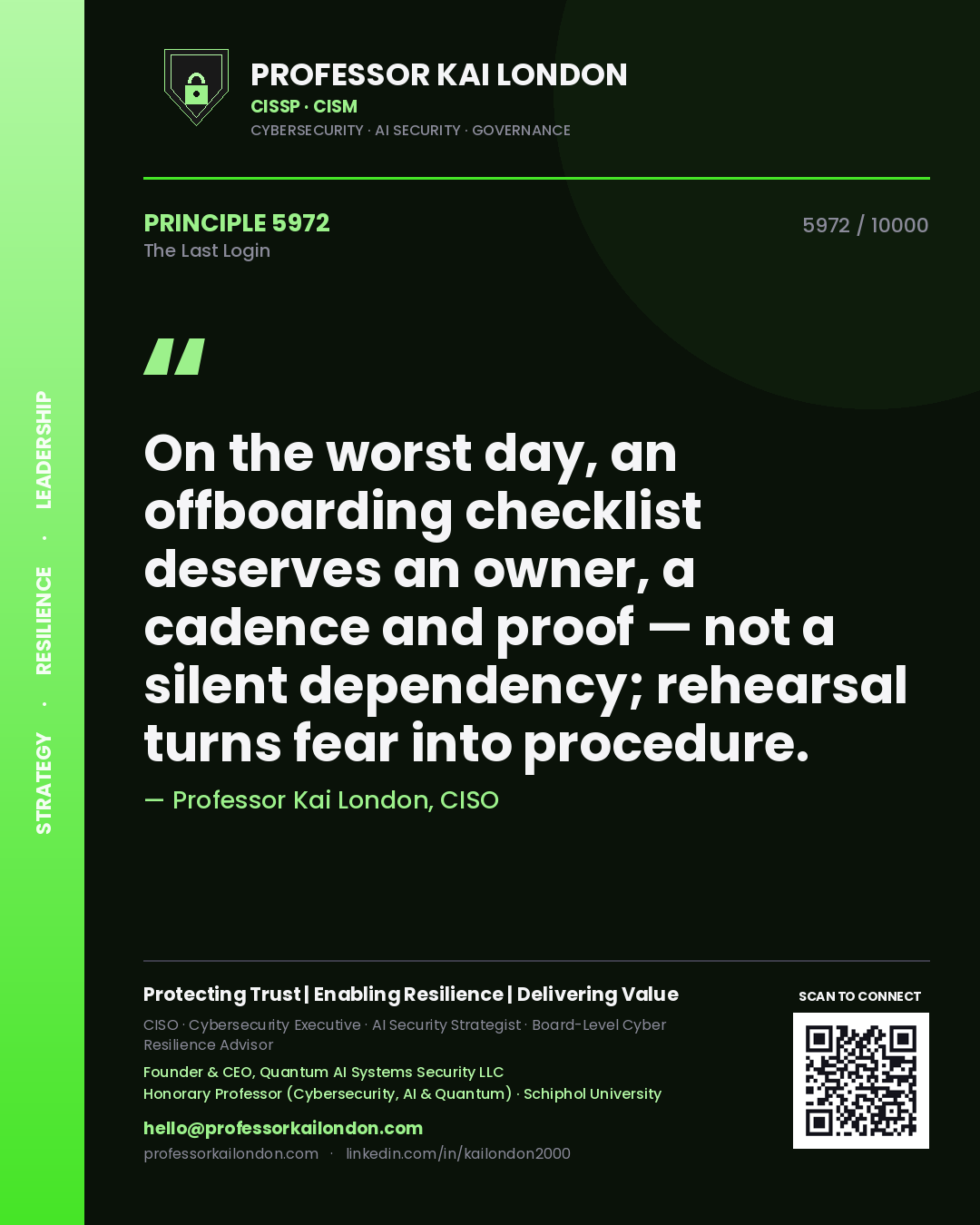 Professor Kai London principle 5972: On the worst day, an offboarding checklist deserves an owner, a cadence and proof — not a silent dependency; rehearsal turns fear into procedure.