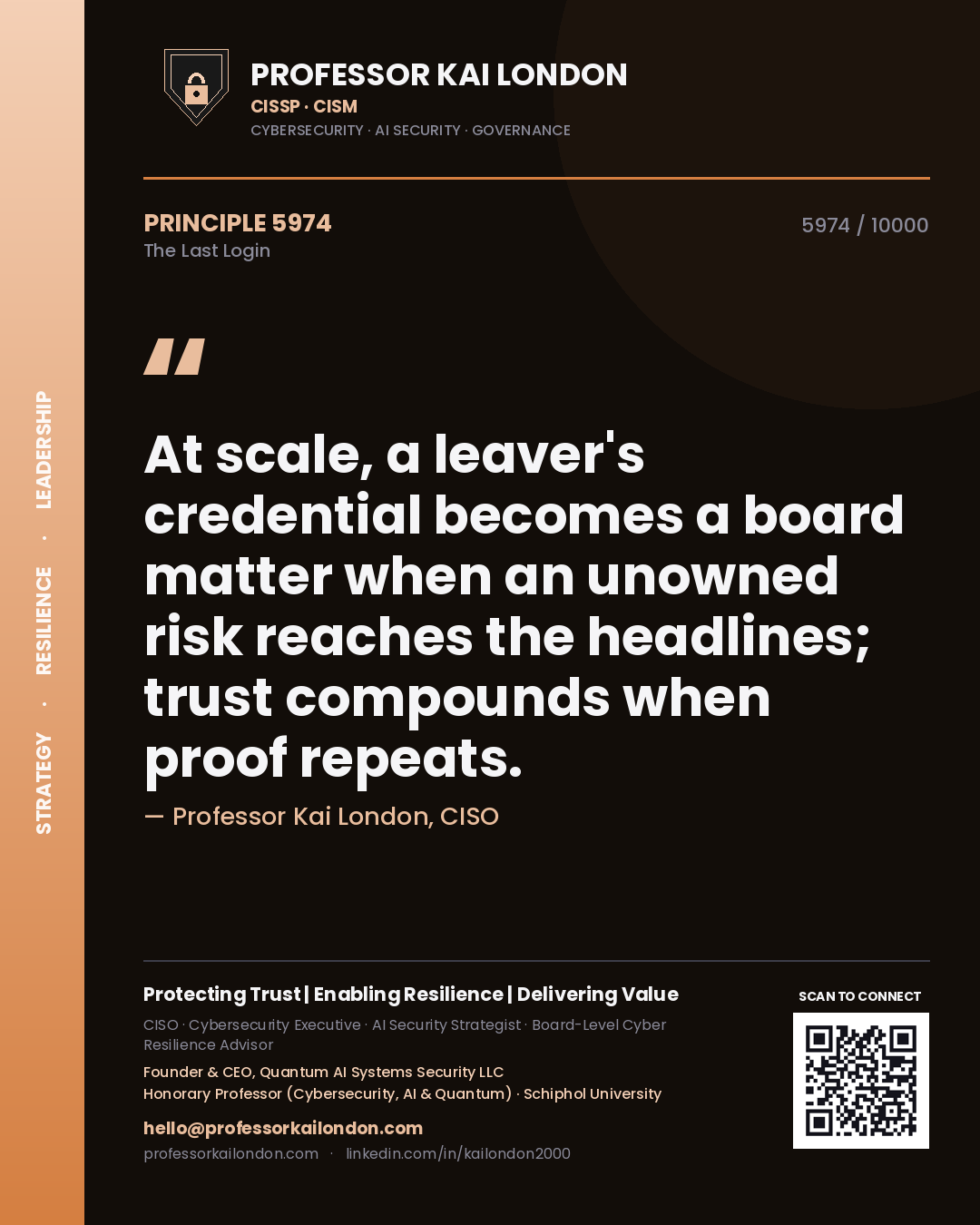 Professor Kai London principle 5974: At scale, a leaver's credential becomes a board matter when an unowned risk reaches the headlines; trust compounds when proof repeats.