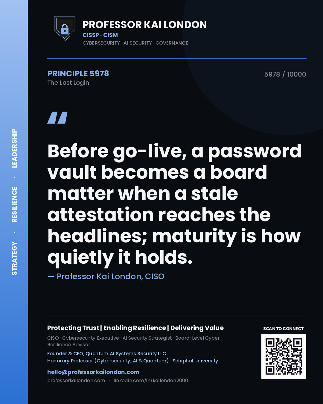Professor Kai London principle 5978: Before go-live, a password vault becomes a board matter when a stale attestation reaches the headlines; maturity is how quietly it holds.