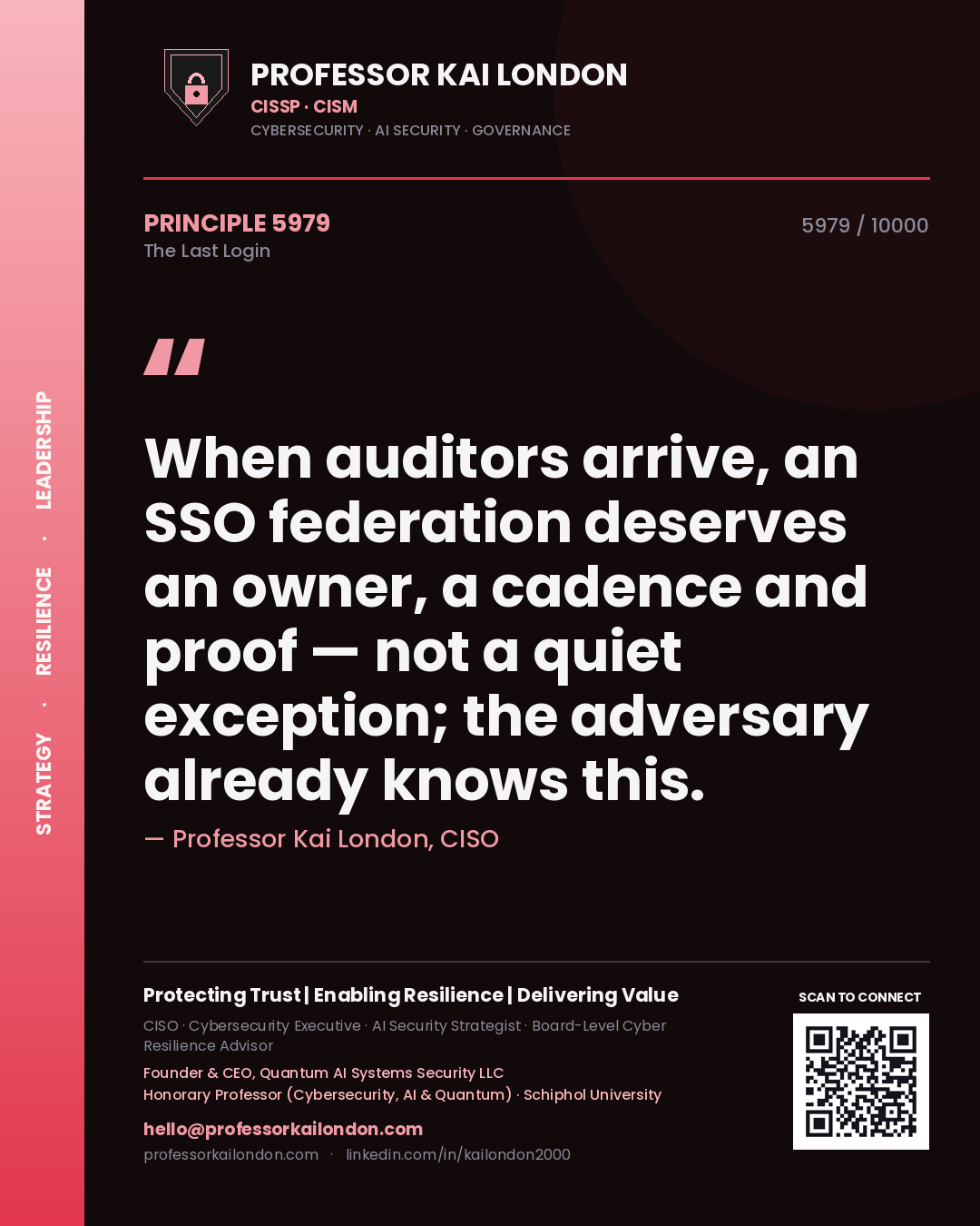 Professor Kai London principle 5979: When auditors arrive, an SSO federation deserves an owner, a cadence and proof — not a quiet exception; the adversary already knows this.