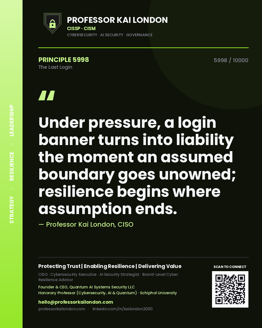 Professor Kai London principle 5998: Under pressure, a login banner turns into liability the moment an assumed boundary goes unowned; resilience begins where assumption ends.