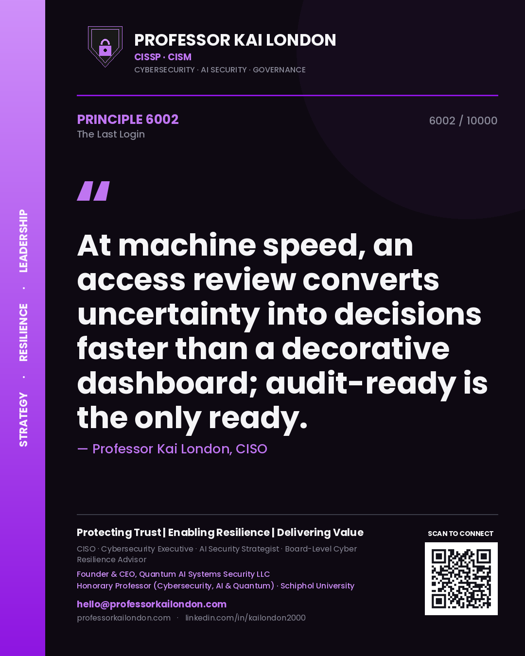 Professor Kai London principle 6002: At machine speed, an access review converts uncertainty into decisions faster than a decorative dashboard; audit-ready is the only ready.