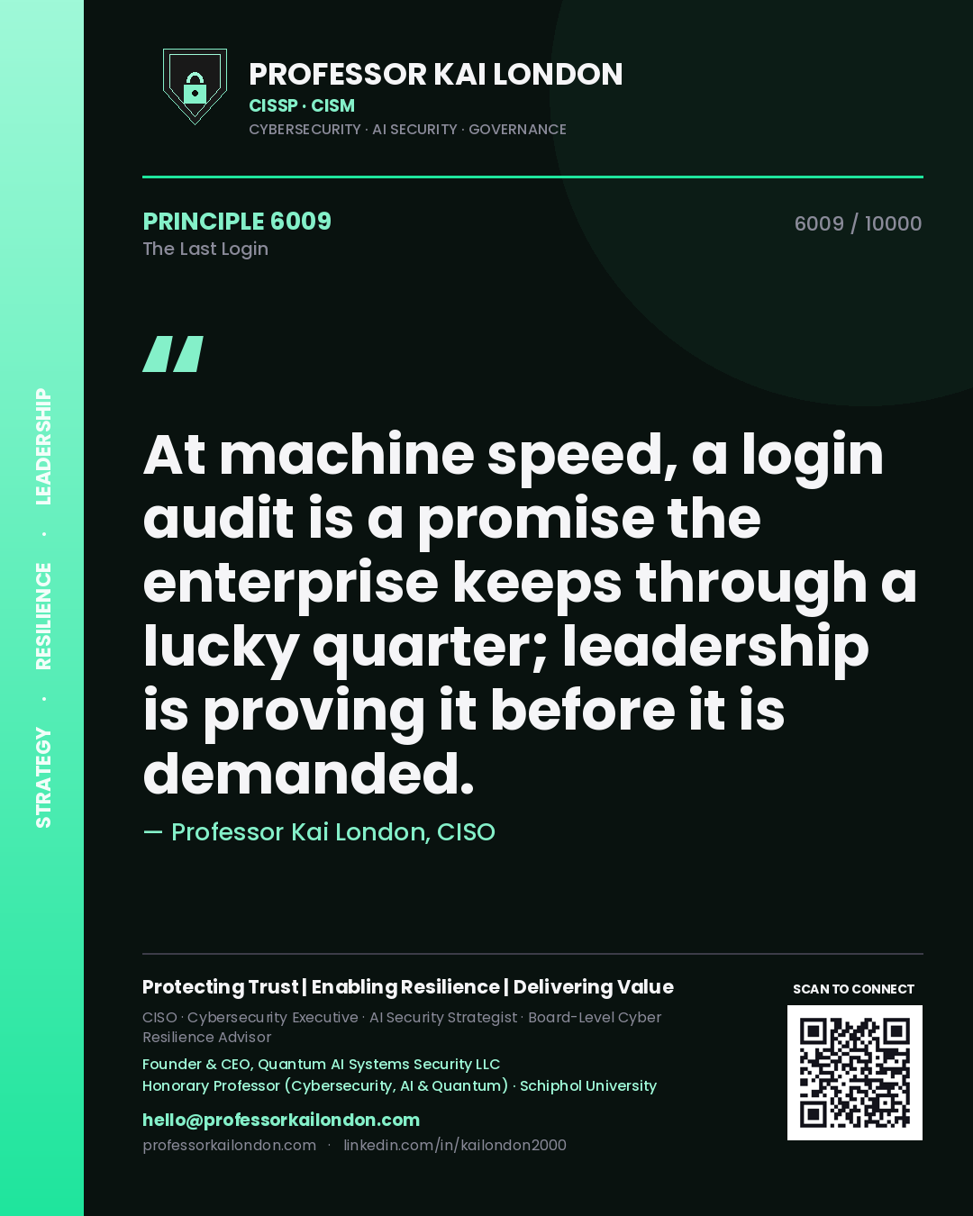 Professor Kai London principle 6009: At machine speed, a login audit is a promise the enterprise keeps through a lucky quarter; leadership is proving it before it is demanded.