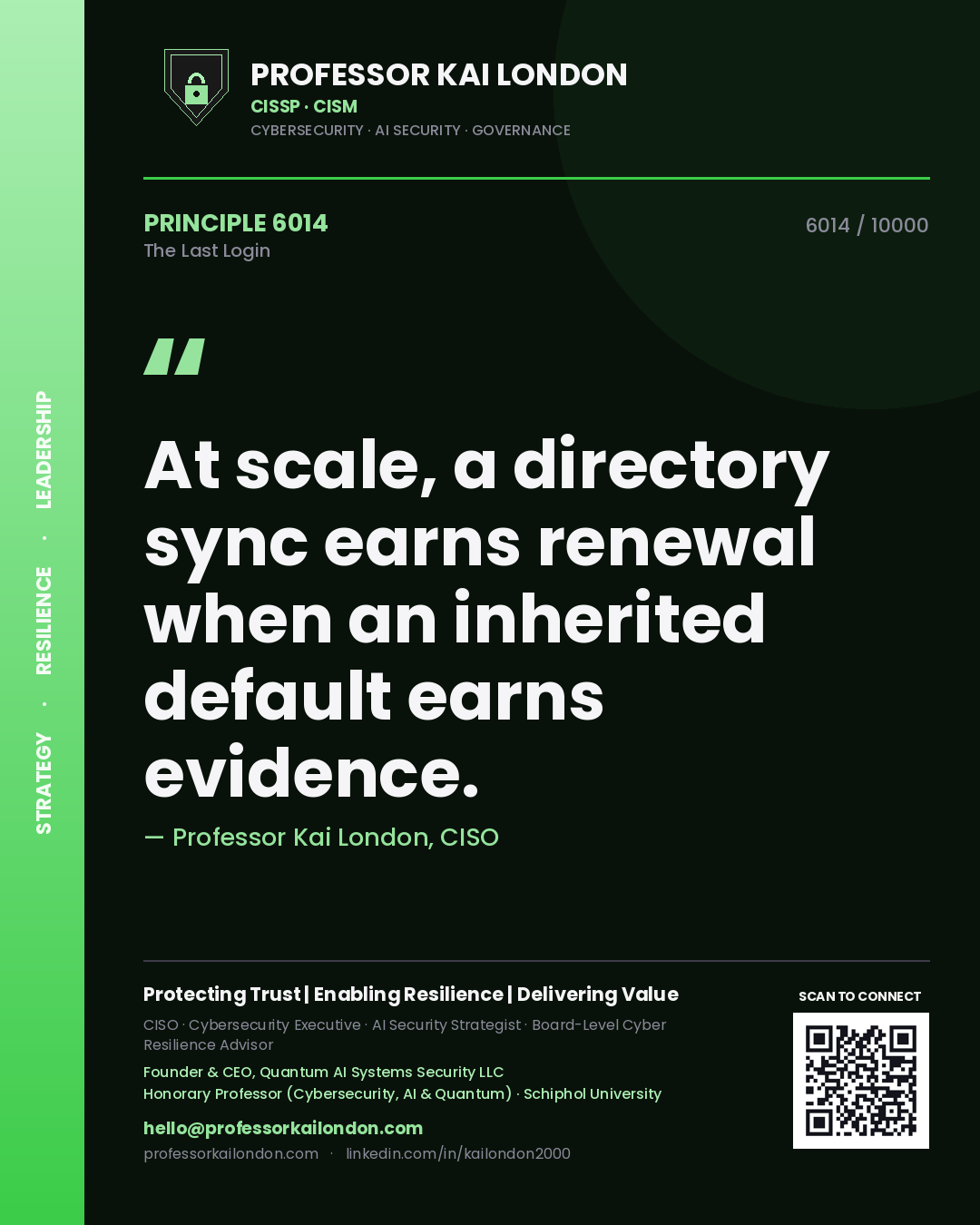 Professor Kai London principle 6014: At scale, a directory sync earns renewal when an inherited default earns evidence.