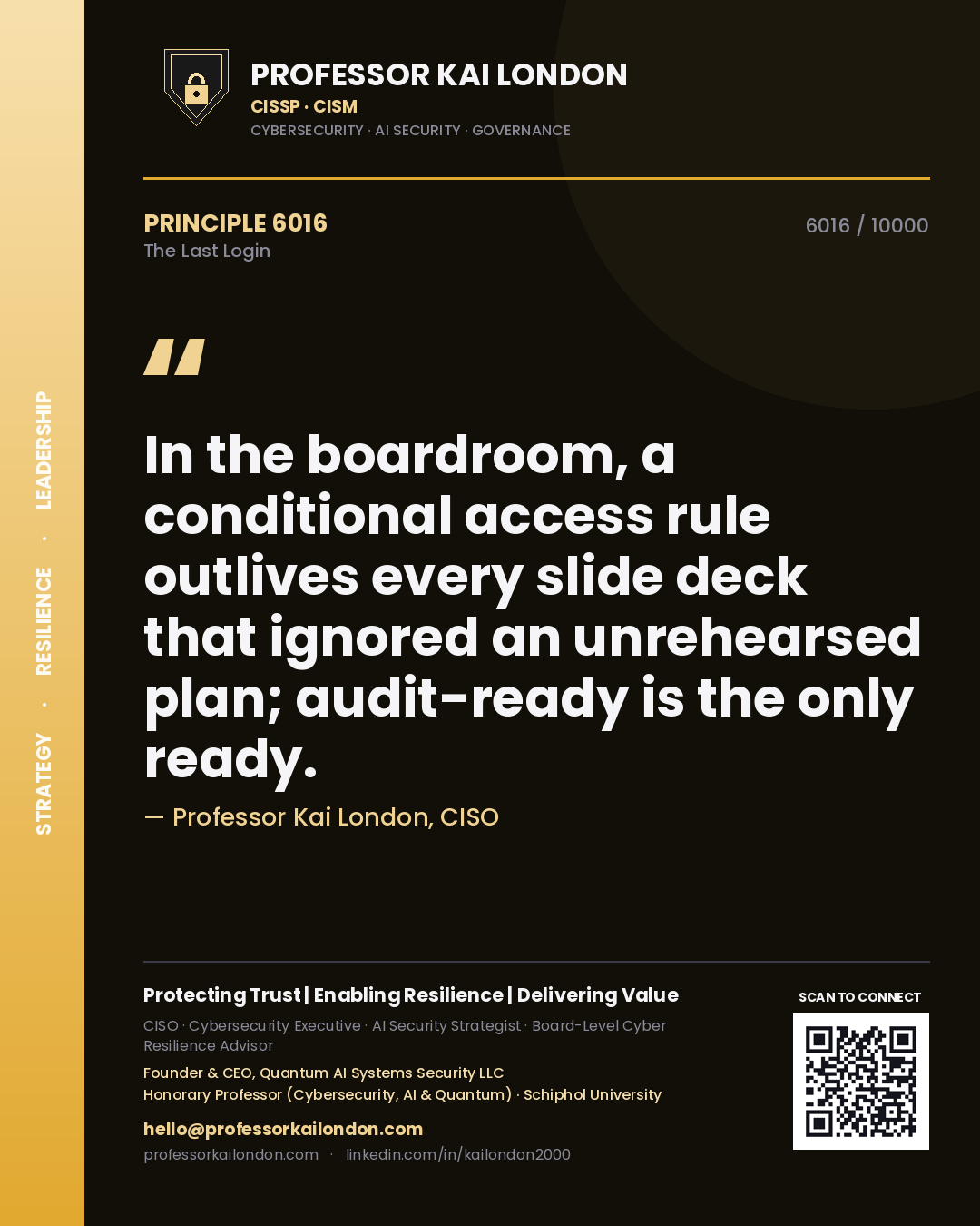 Professor Kai London principle 6016: In the boardroom, a conditional access rule outlives every slide deck that ignored an unrehearsed plan; audit-ready is the only ready.