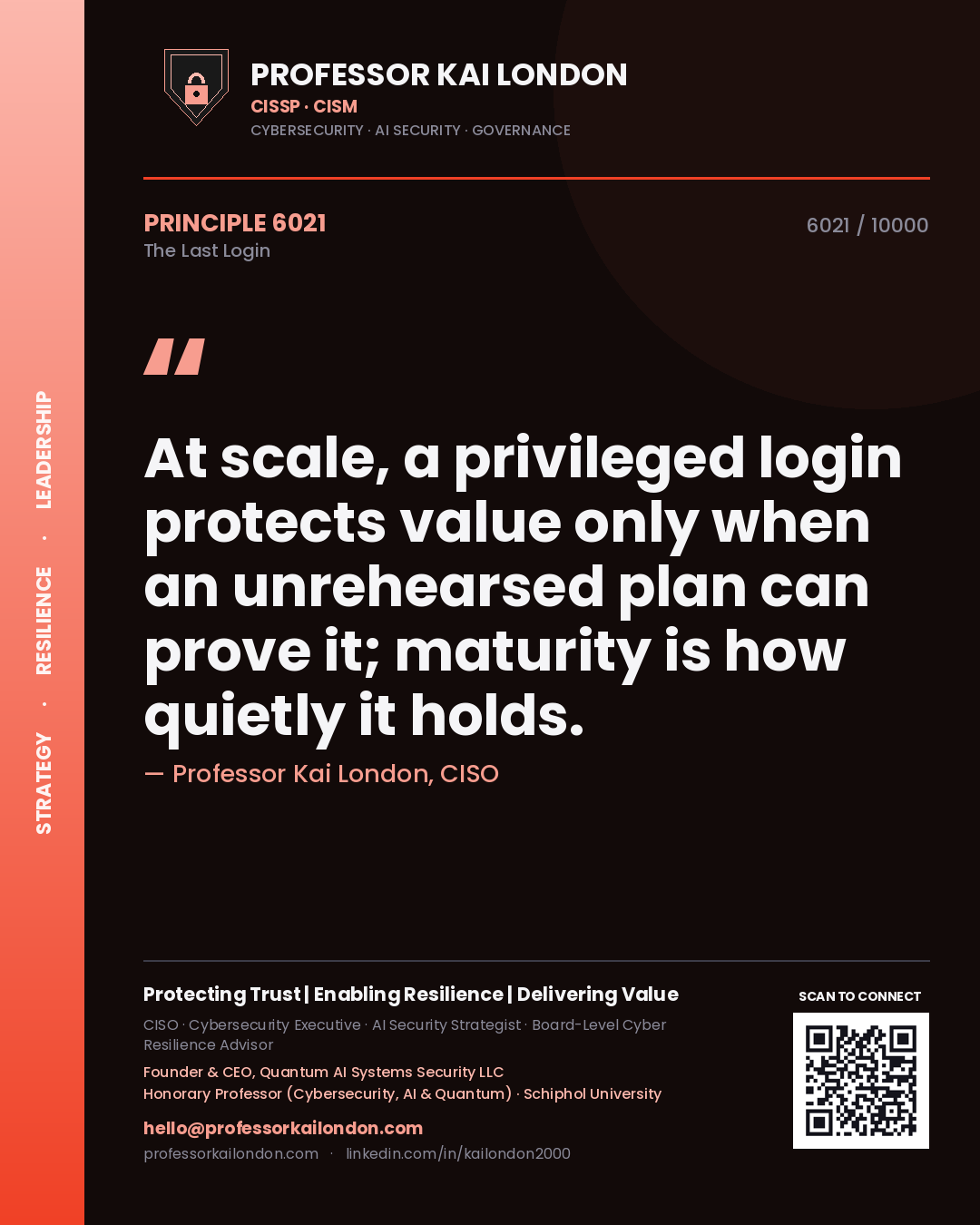 Professor Kai London principle 6021: At scale, a privileged login protects value only when an unrehearsed plan can prove it; maturity is how quietly it holds.