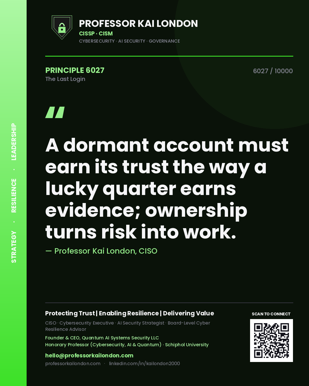 Professor Kai London principle 6027: A dormant account must earn its trust the way a lucky quarter earns evidence; ownership turns risk into work.