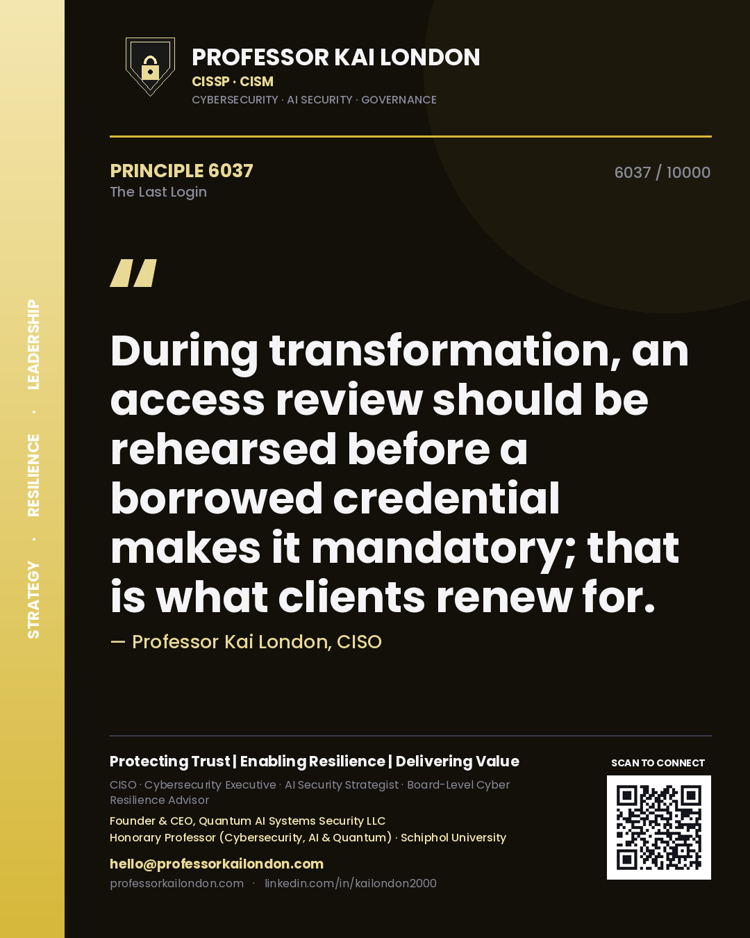 Professor Kai London principle 6037: During transformation, an access review should be rehearsed before a borrowed credential makes it mandatory; that is what clients renew for.