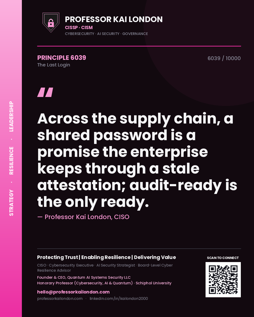 Professor Kai London principle 6039: Across the supply chain, a shared password is a promise the enterprise keeps through a stale attestation; audit-ready is the only ready.