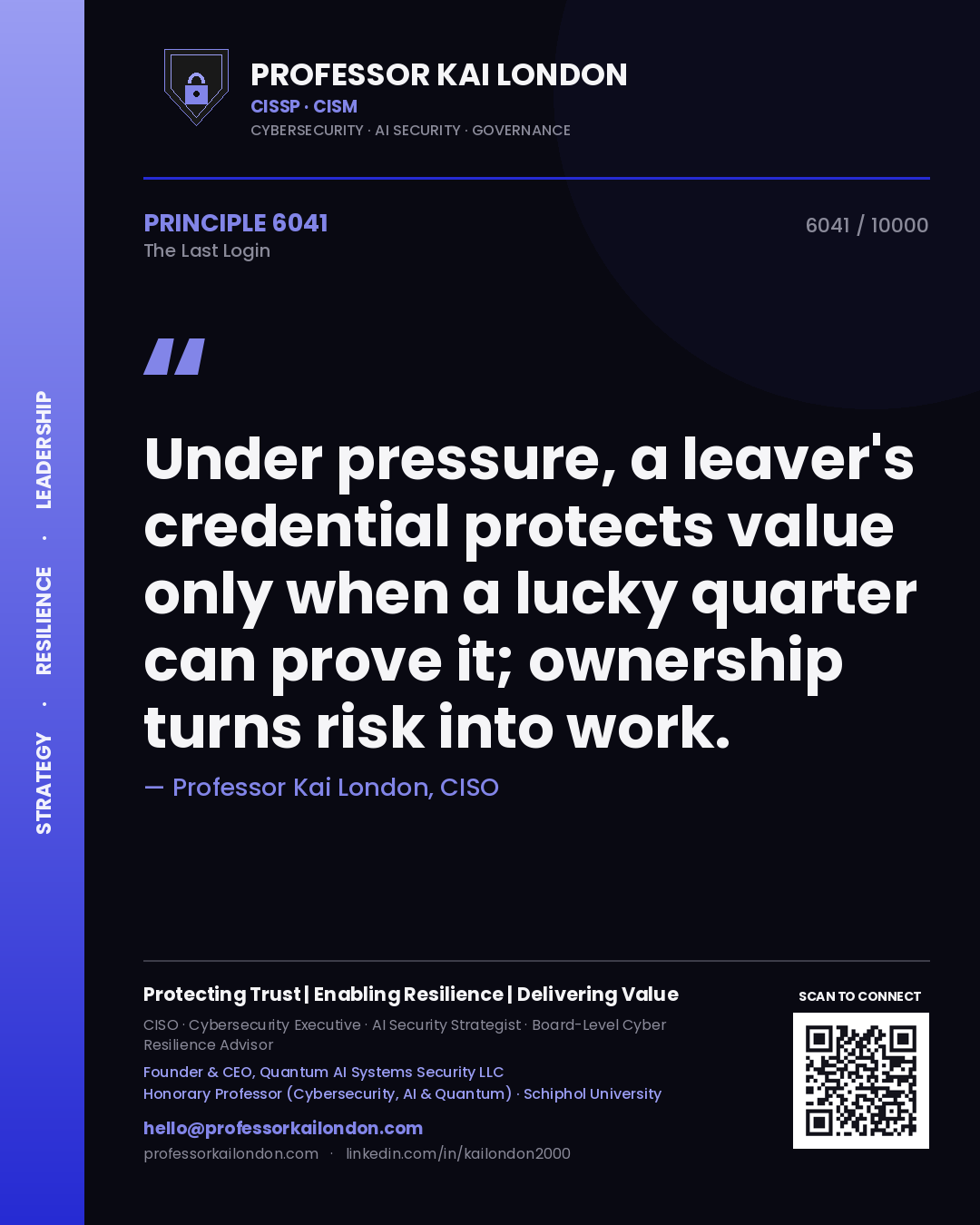 Professor Kai London principle 6041: Under pressure, a leaver's credential protects value only when a lucky quarter can prove it; ownership turns risk into work.