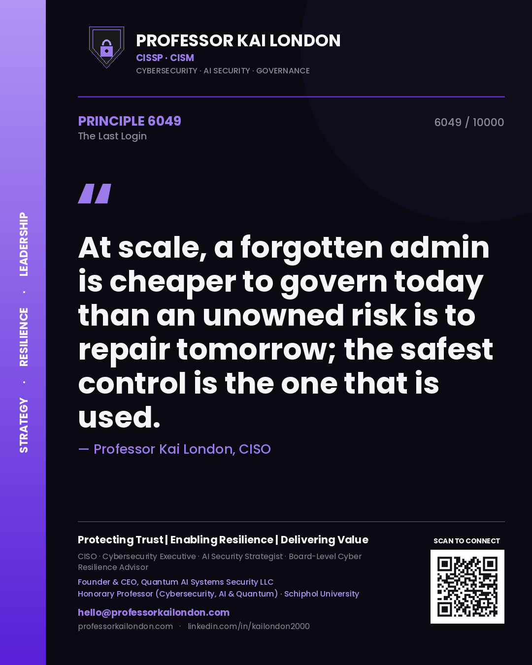 Professor Kai London principle 6049: At scale, a forgotten admin is cheaper to govern today than an unowned risk is to repair tomorrow; the safest control is the one that is used.