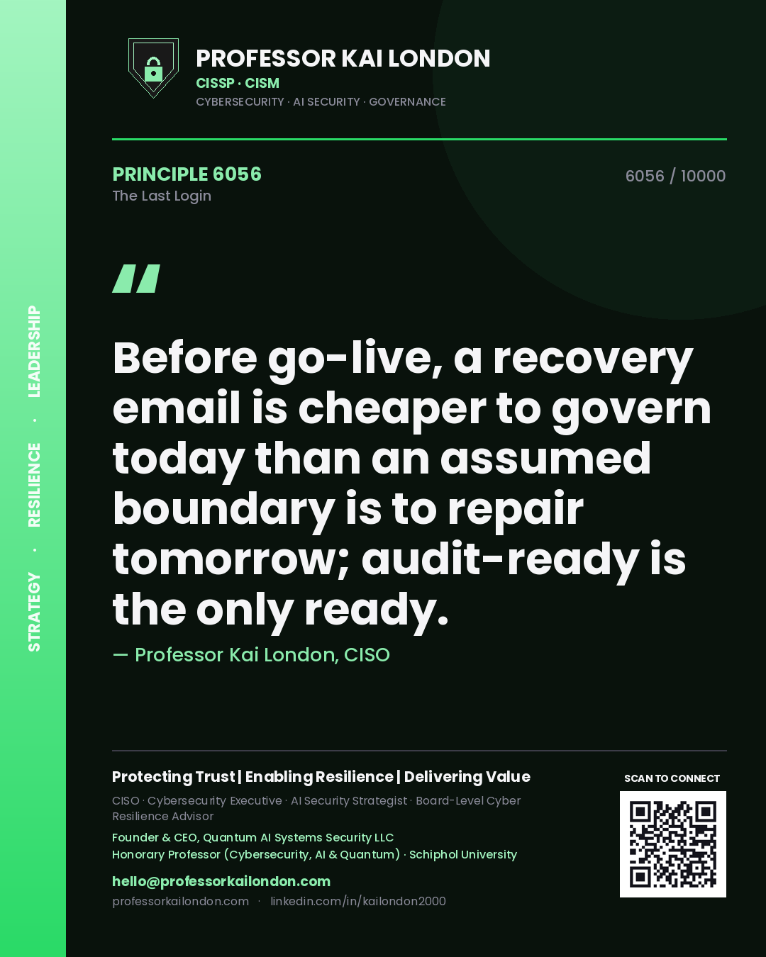 Professor Kai London principle 6056: Before go-live, a recovery email is cheaper to govern today than an assumed boundary is to repair tomorrow; audit-ready is the only ready.