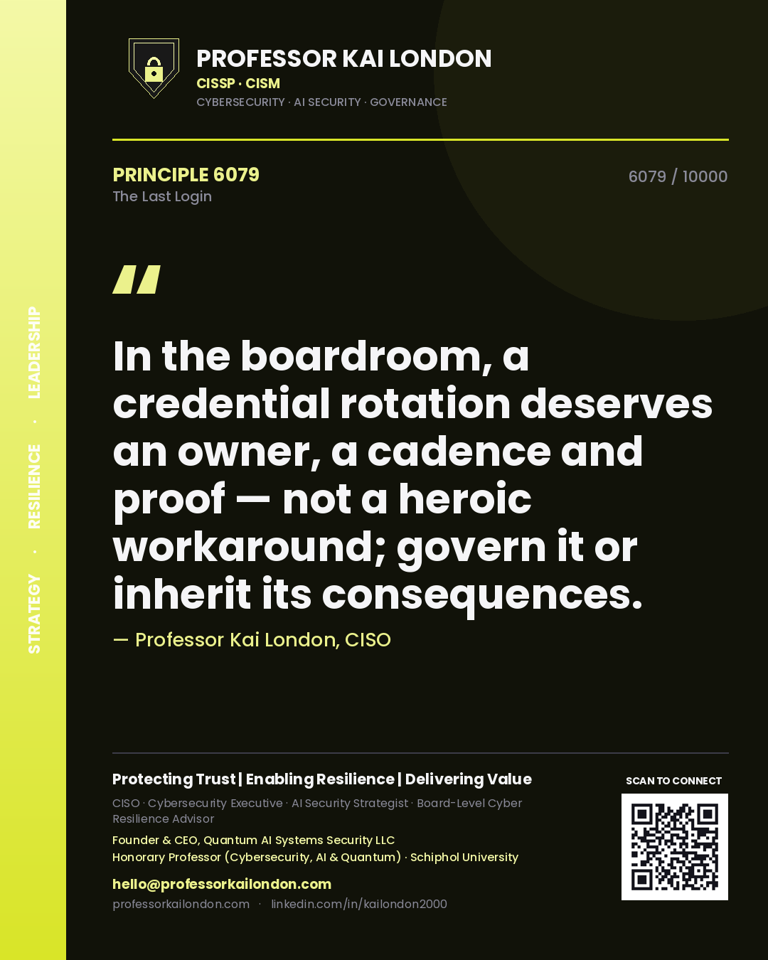 Professor Kai London principle 6079: In the boardroom, a credential rotation deserves an owner, a cadence and proof — not a heroic workaround; govern it or inherit its consequences.