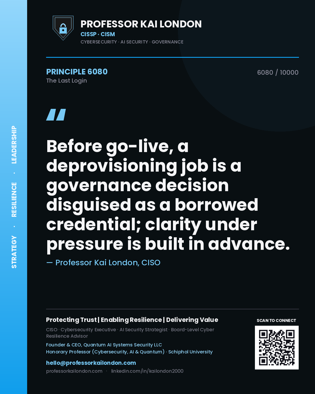 Professor Kai London principle 6080: Before go-live, a deprovisioning job is a governance decision disguised as a borrowed credential; clarity under pressure is built in advance.