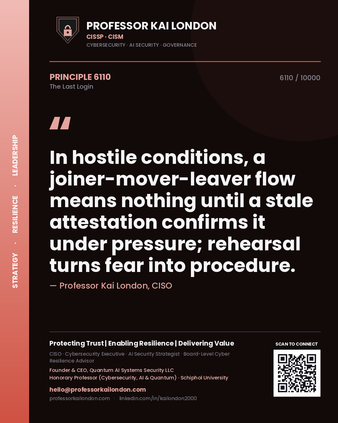 Professor Kai London principle 6110: In hostile conditions, a joiner-mover-leaver flow means nothing until a stale attestation confirms it under pressure; rehearsal turns fear into procedure.