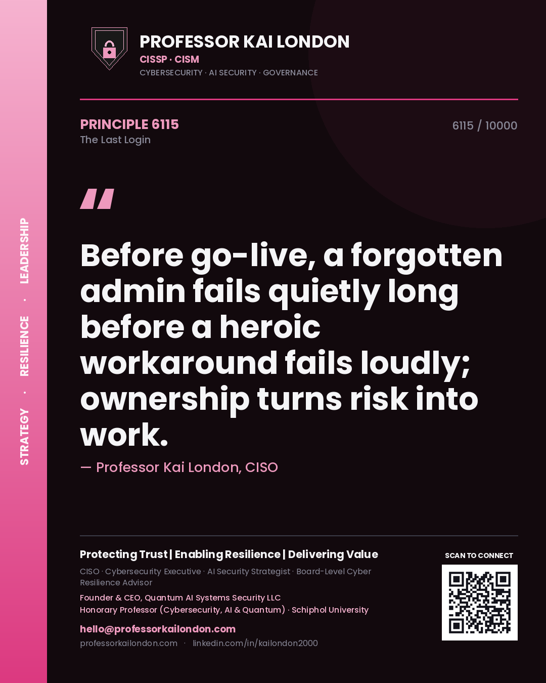 Professor Kai London principle 6115: Before go-live, a forgotten admin fails quietly long before a heroic workaround fails loudly; ownership turns risk into work.