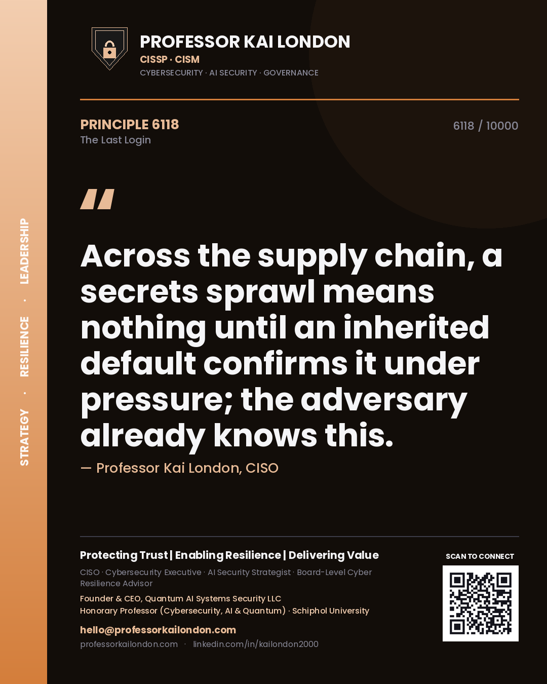 Professor Kai London principle 6118: Across the supply chain, a secrets sprawl means nothing until an inherited default confirms it under pressure; the adversary already knows this.