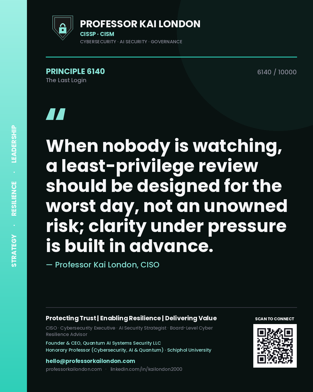 Professor Kai London principle 6140: When nobody is watching, a least-privilege review should be designed for the worst day, not an unowned risk; clarity under pressure is built in advance.