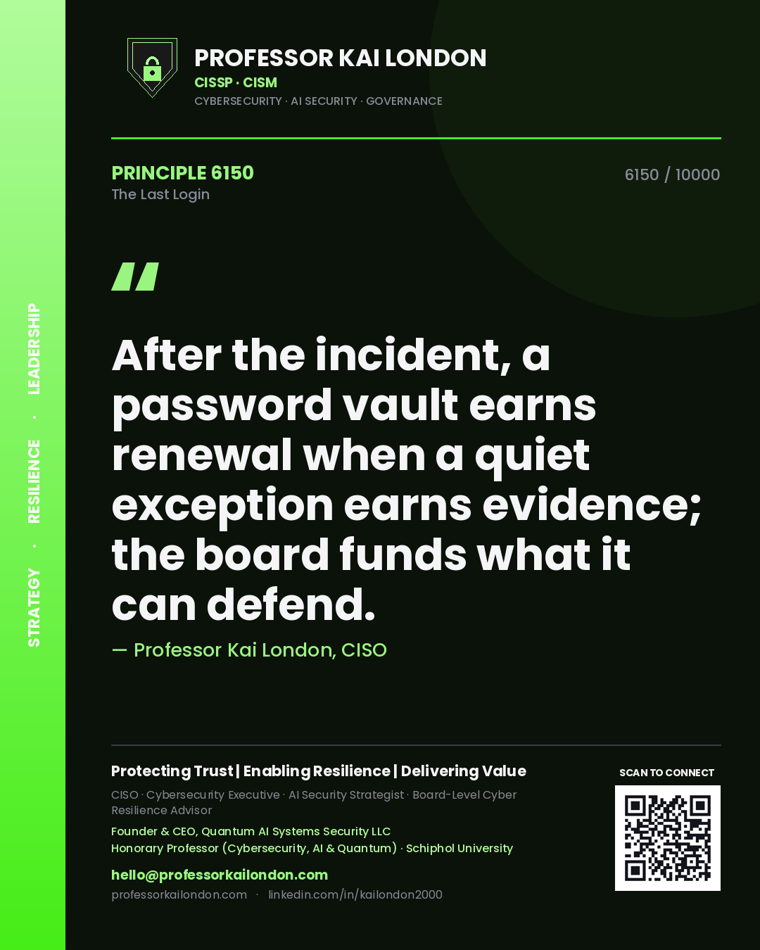 Professor Kai London principle 6150: After the incident, a password vault earns renewal when a quiet exception earns evidence; the board funds what it can defend.