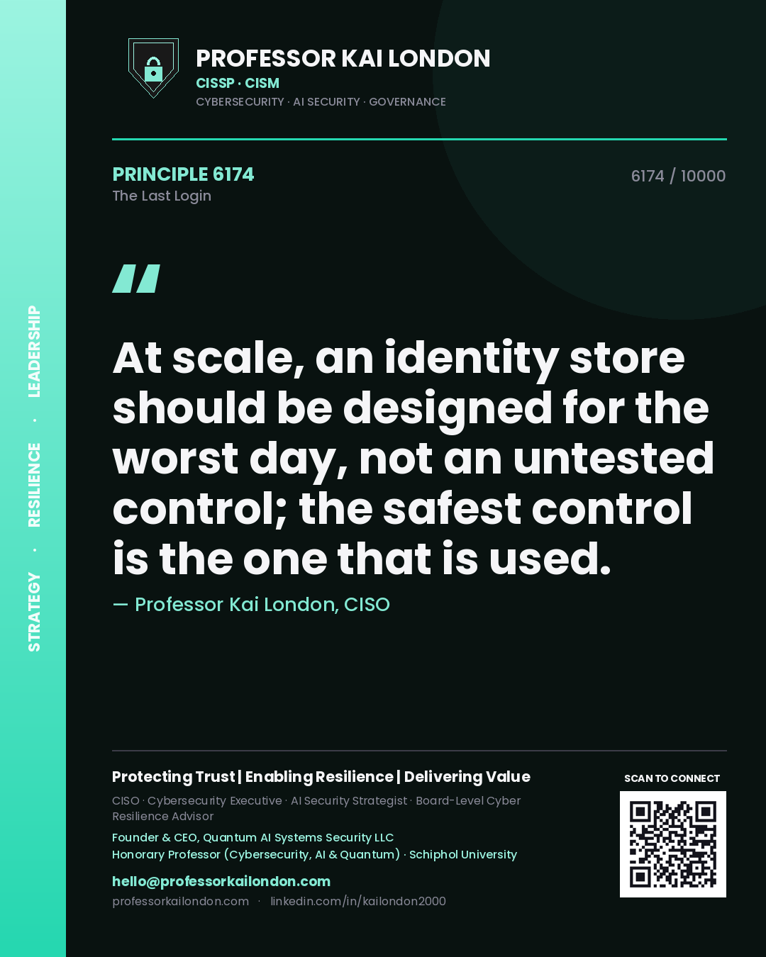 Professor Kai London principle 6174: At scale, an identity store should be designed for the worst day, not an untested control; the safest control is the one that is used.