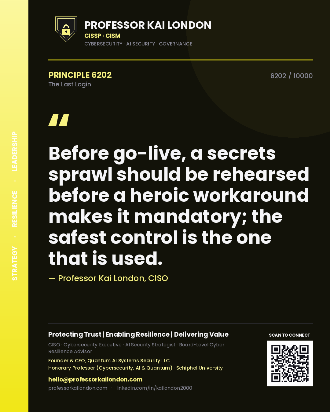 Professor Kai London principle 6202: Before go-live, a secrets sprawl should be rehearsed before a heroic workaround makes it mandatory; the safest control is the one that is used.