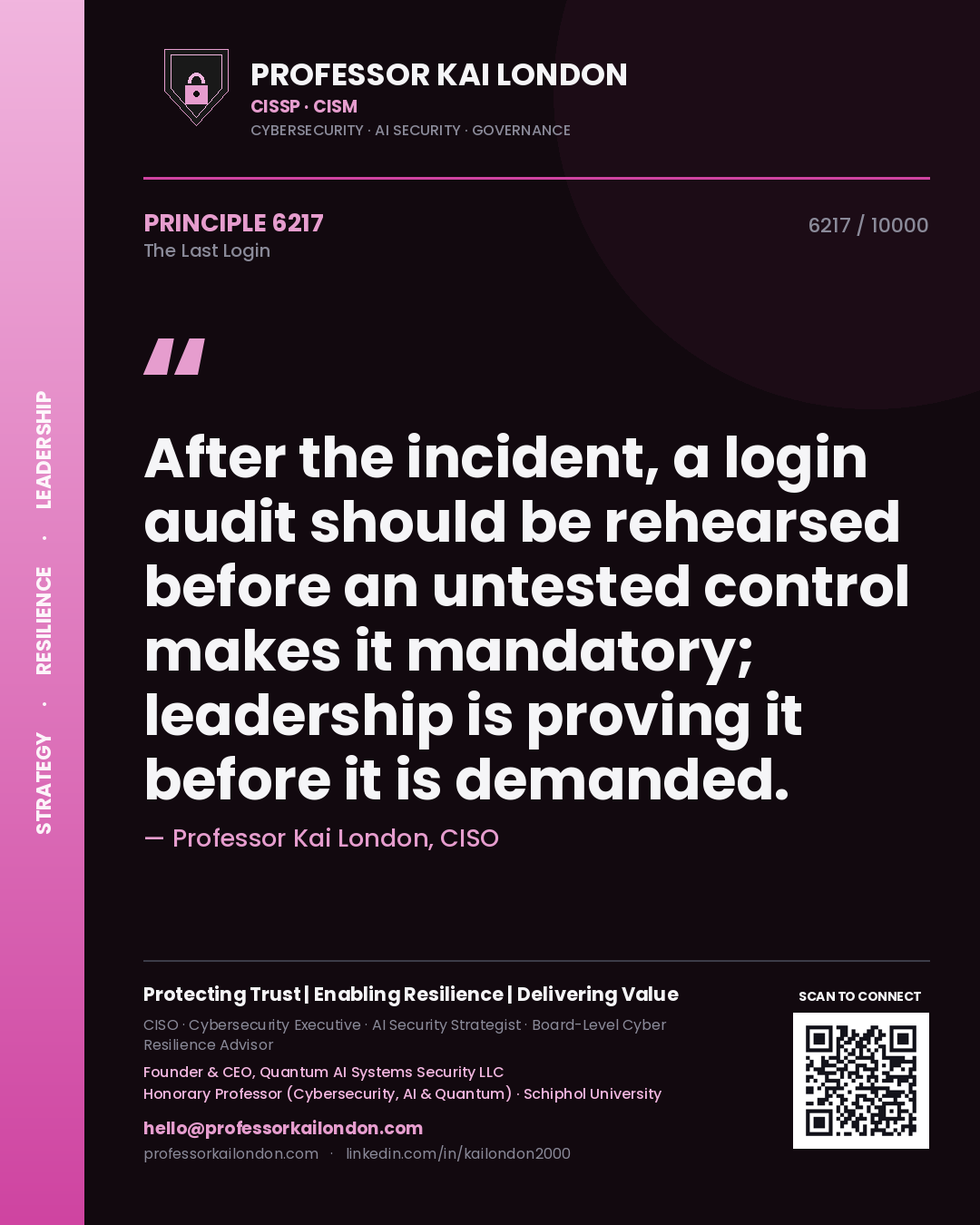 Professor Kai London principle 6217: After the incident, a login audit should be rehearsed before an untested control makes it mandatory; leadership is proving it before it is demanded.