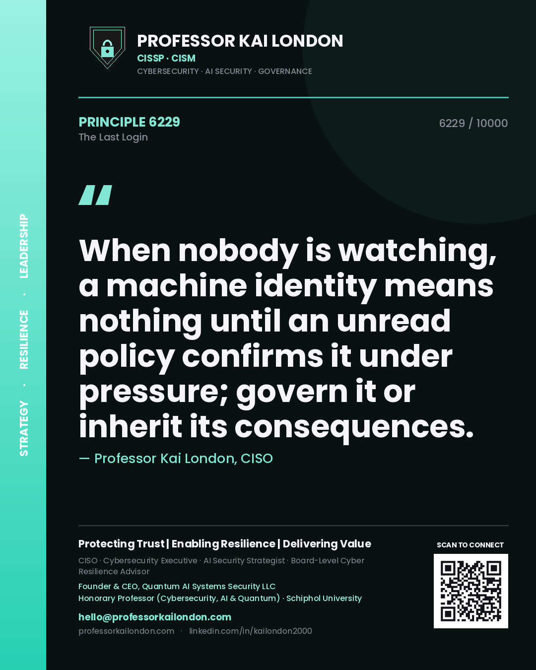 Professor Kai London principle 6229: When nobody is watching, a machine identity means nothing until an unread policy confirms it under pressure; govern it or inherit its consequences.