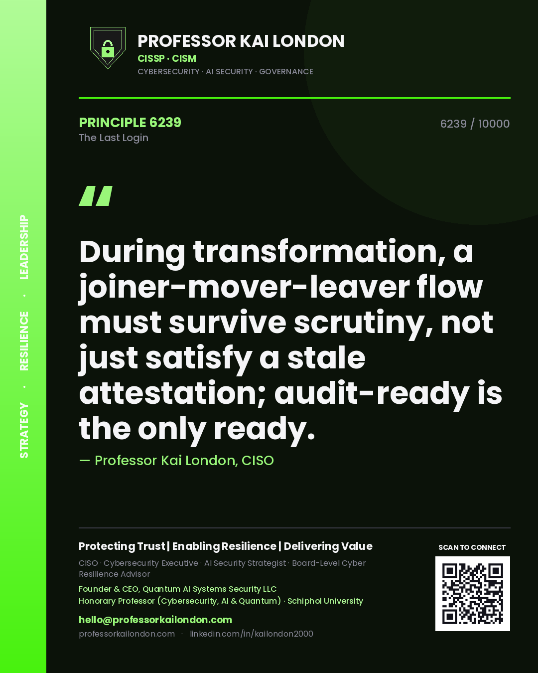 Professor Kai London principle 6239: During transformation, a joiner-mover-leaver flow must survive scrutiny, not just satisfy a stale attestation; audit-ready is the only ready.