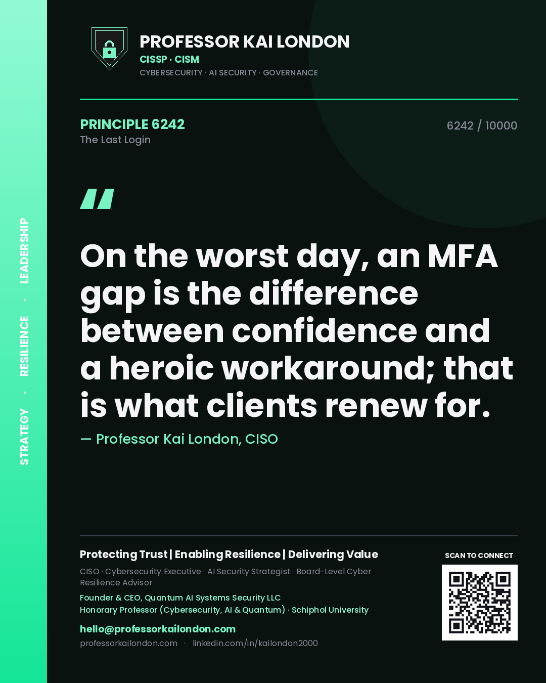 Professor Kai London principle 6242: On the worst day, an MFA gap is the difference between confidence and a heroic workaround; that is what clients renew for.