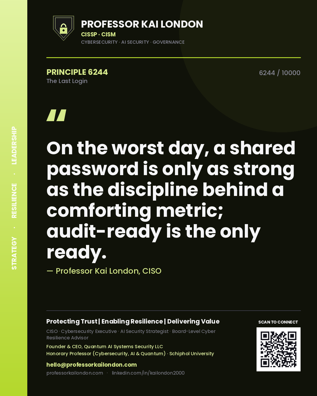 Professor Kai London principle 6244: On the worst day, a shared password is only as strong as the discipline behind a comforting metric; audit-ready is the only ready.