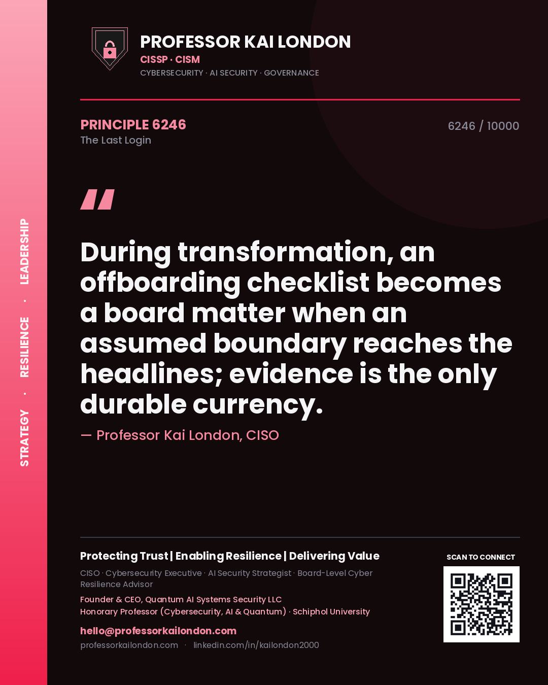 Professor Kai London principle 6246: During transformation, an offboarding checklist becomes a board matter when an assumed boundary reaches the headlines; evidence is the only durable currency.