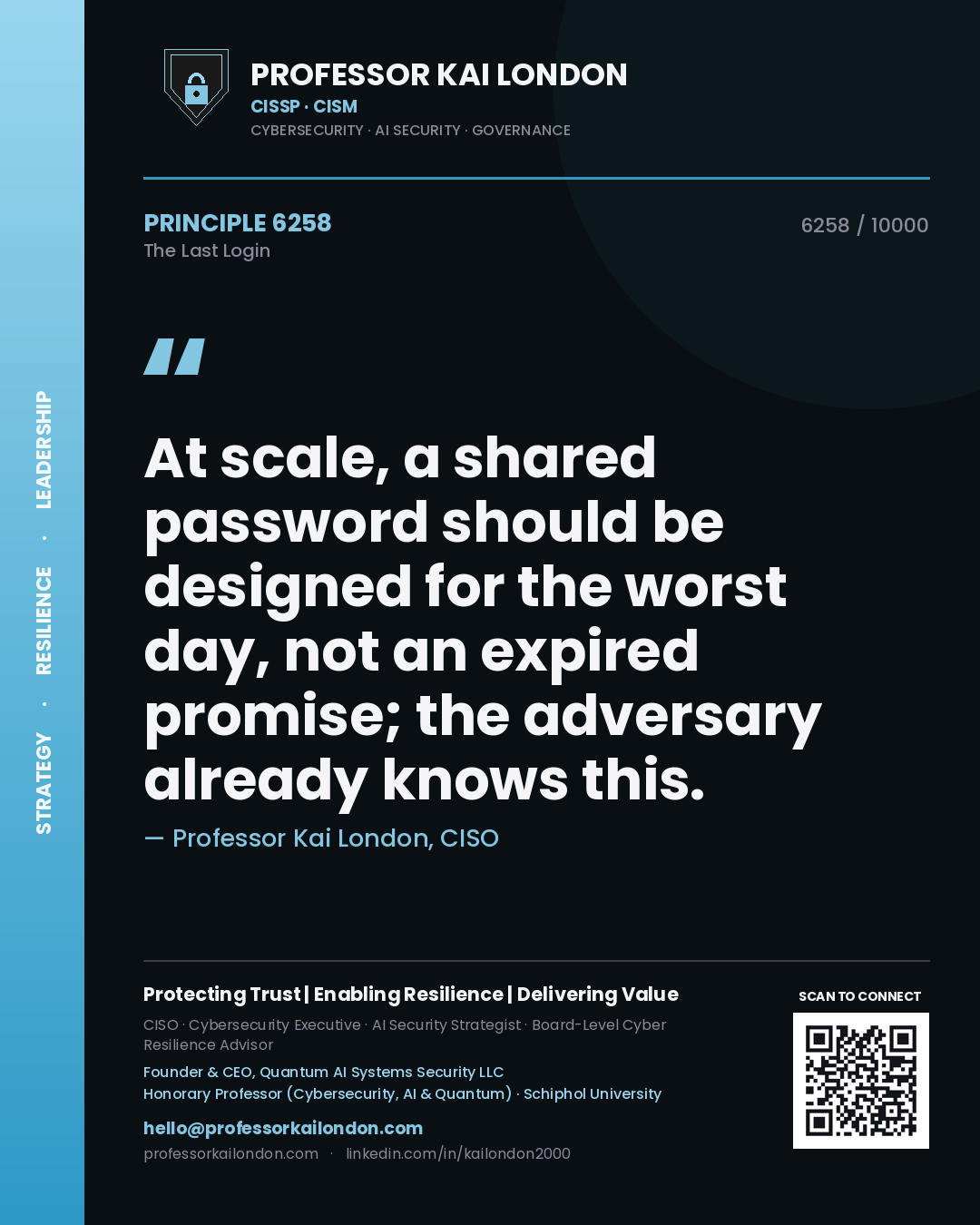 Professor Kai London principle 6258: At scale, a shared password should be designed for the worst day, not an expired promise; the adversary already knows this.
