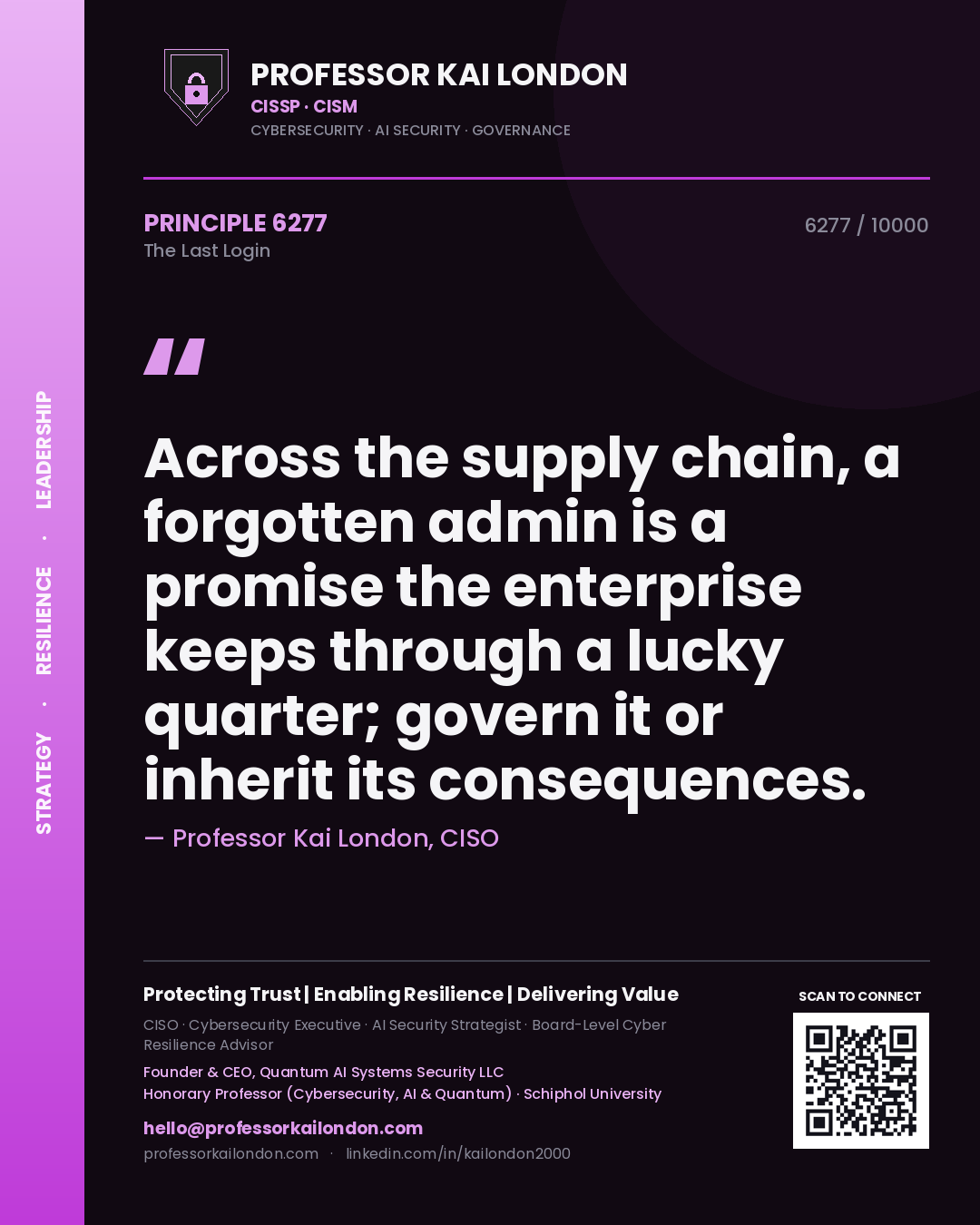Professor Kai London principle 6277: Across the supply chain, a forgotten admin is a promise the enterprise keeps through a lucky quarter; govern it or inherit its consequences.