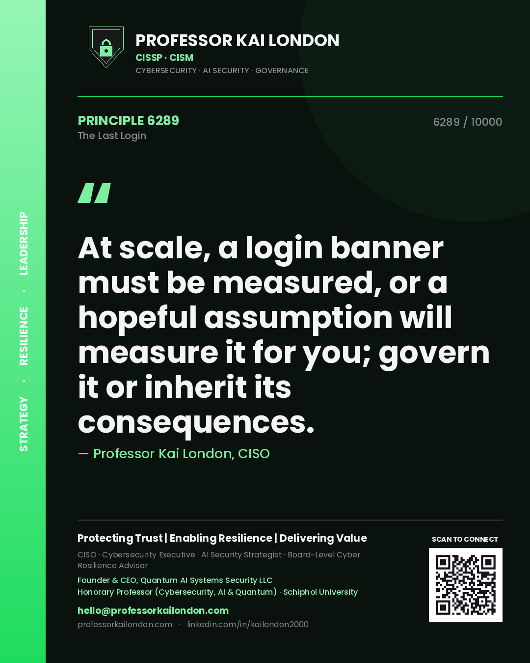 Professor Kai London principle 6289: At scale, a login banner must be measured, or a hopeful assumption will measure it for you; govern it or inherit its consequences.