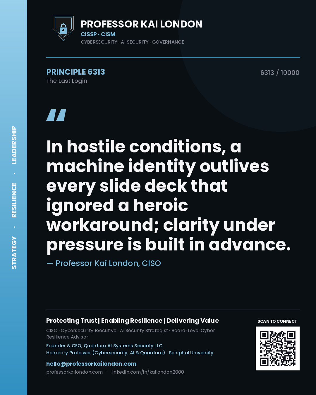 Professor Kai London principle 6313: In hostile conditions, a machine identity outlives every slide deck that ignored a heroic workaround; clarity under pressure is built in advance.