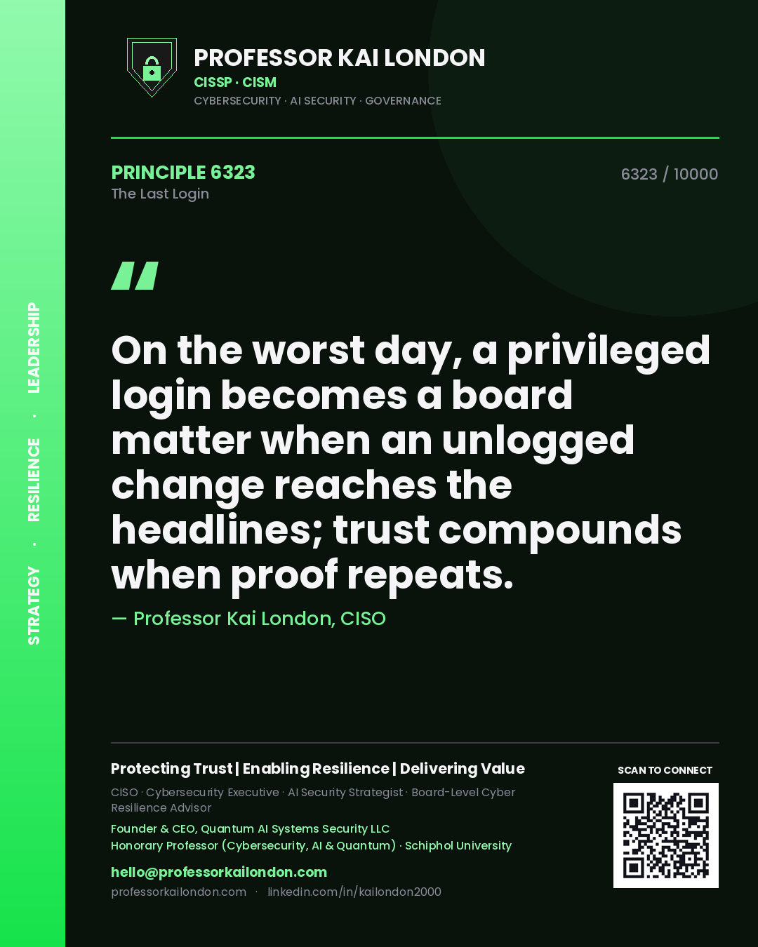 Professor Kai London principle 6323: On the worst day, a privileged login becomes a board matter when an unlogged change reaches the headlines; trust compounds when proof repeats.