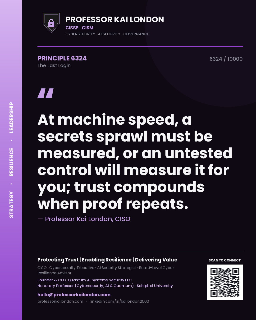 Professor Kai London principle 6324: At machine speed, a secrets sprawl must be measured, or an untested control will measure it for you; trust compounds when proof repeats.