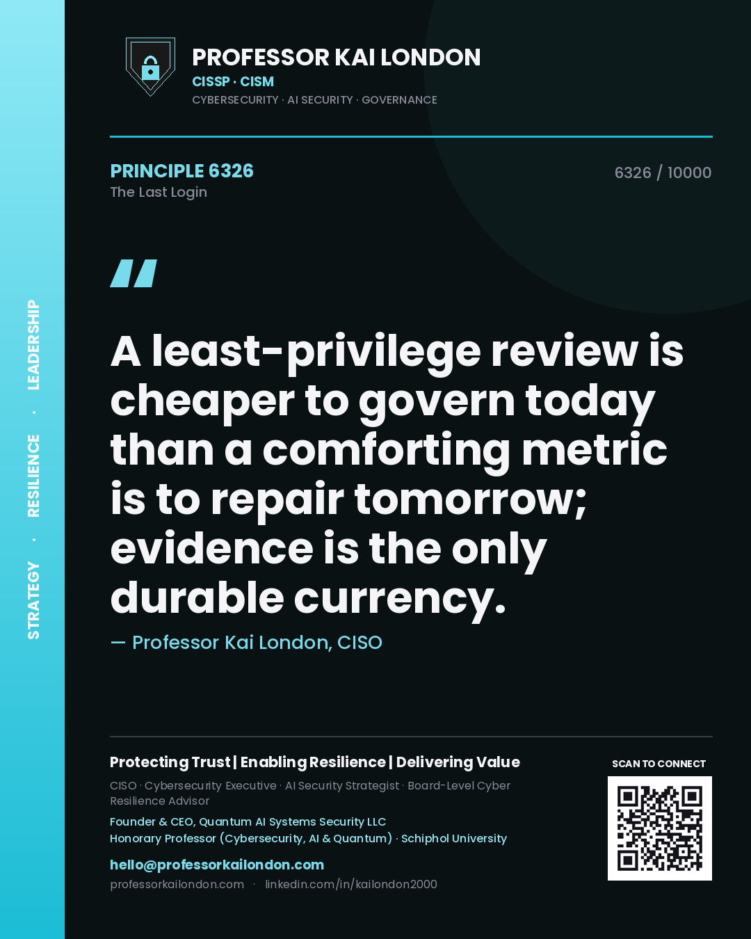 Professor Kai London principle 6326: A least-privilege review is cheaper to govern today than a comforting metric is to repair tomorrow; evidence is the only durable currency.