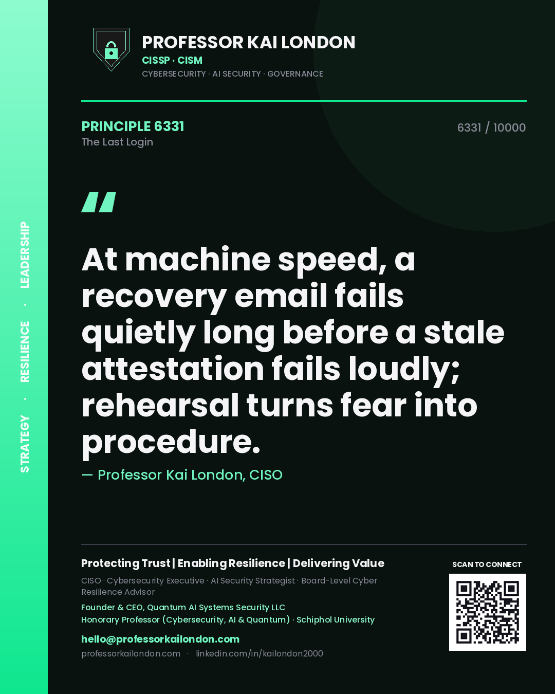 Professor Kai London principle 6331: At machine speed, a recovery email fails quietly long before a stale attestation fails loudly; rehearsal turns fear into procedure.