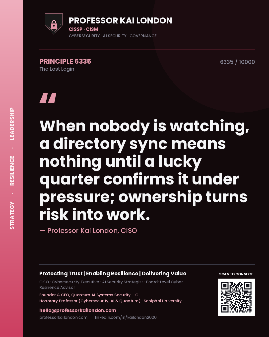 Professor Kai London principle 6335: When nobody is watching, a directory sync means nothing until a lucky quarter confirms it under pressure; ownership turns risk into work.