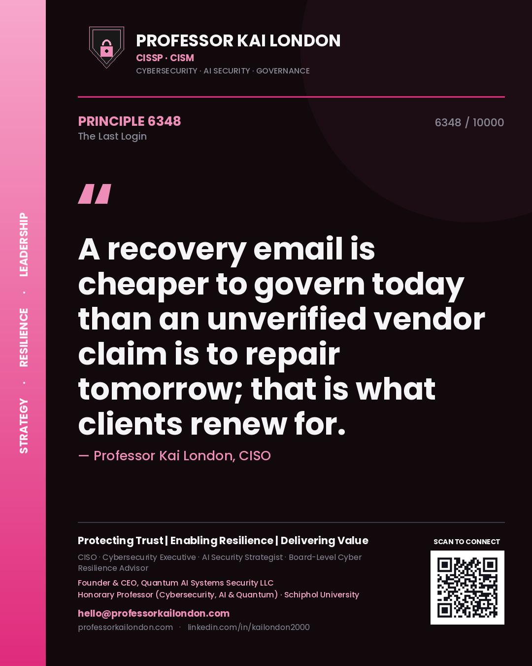 Professor Kai London principle 6348: A recovery email is cheaper to govern today than an unverified vendor claim is to repair tomorrow; that is what clients renew for.