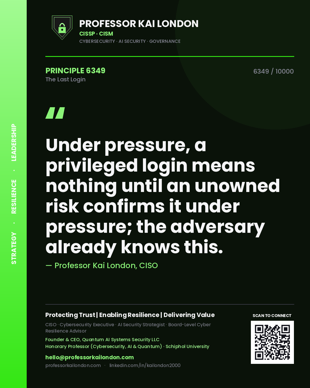 Professor Kai London principle 6349: Under pressure, a privileged login means nothing until an unowned risk confirms it under pressure; the adversary already knows this.