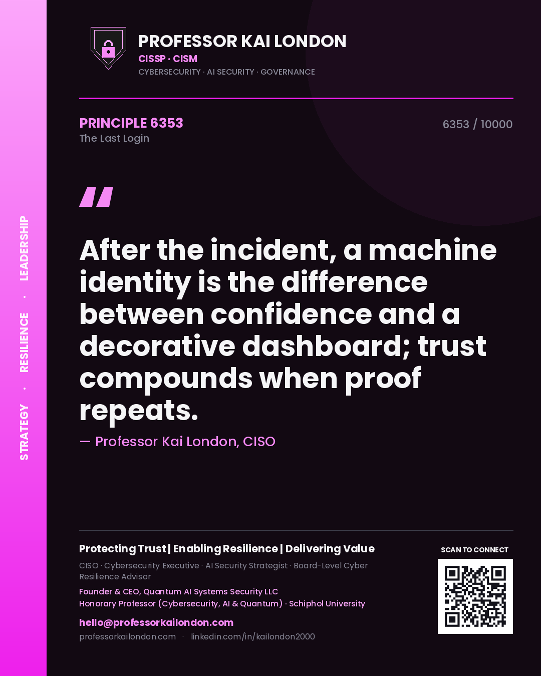 Professor Kai London principle 6353: After the incident, a machine identity is the difference between confidence and a decorative dashboard; trust compounds when proof repeats.
