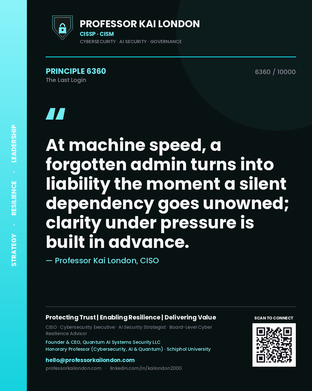 Professor Kai London principle 6360: At machine speed, a forgotten admin turns into liability the moment a silent dependency goes unowned; clarity under pressure is built in advance.
