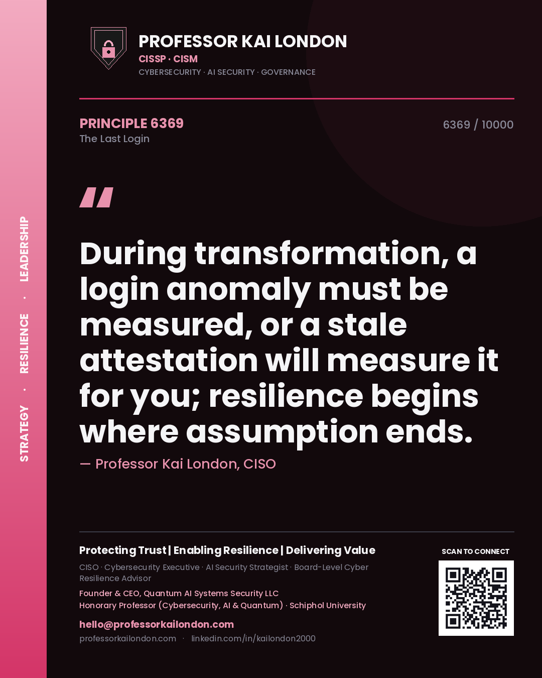 Professor Kai London principle 6369: During transformation, a login anomaly must be measured, or a stale attestation will measure it for you; resilience begins where assumption ends.