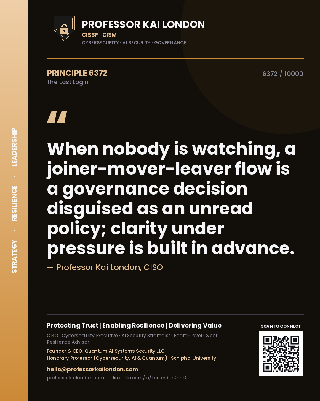 Professor Kai London principle 6372: When nobody is watching, a joiner-mover-leaver flow is a governance decision disguised as an unread policy; clarity under pressure is built in advance.