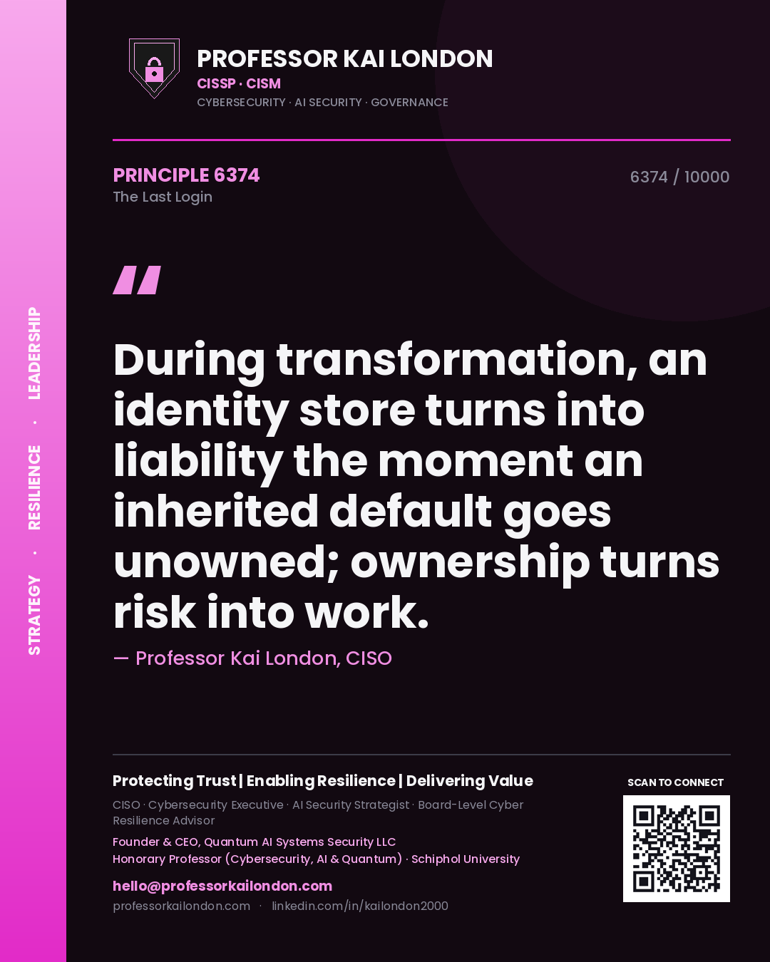 Professor Kai London principle 6374: During transformation, an identity store turns into liability the moment an inherited default goes unowned; ownership turns risk into work.