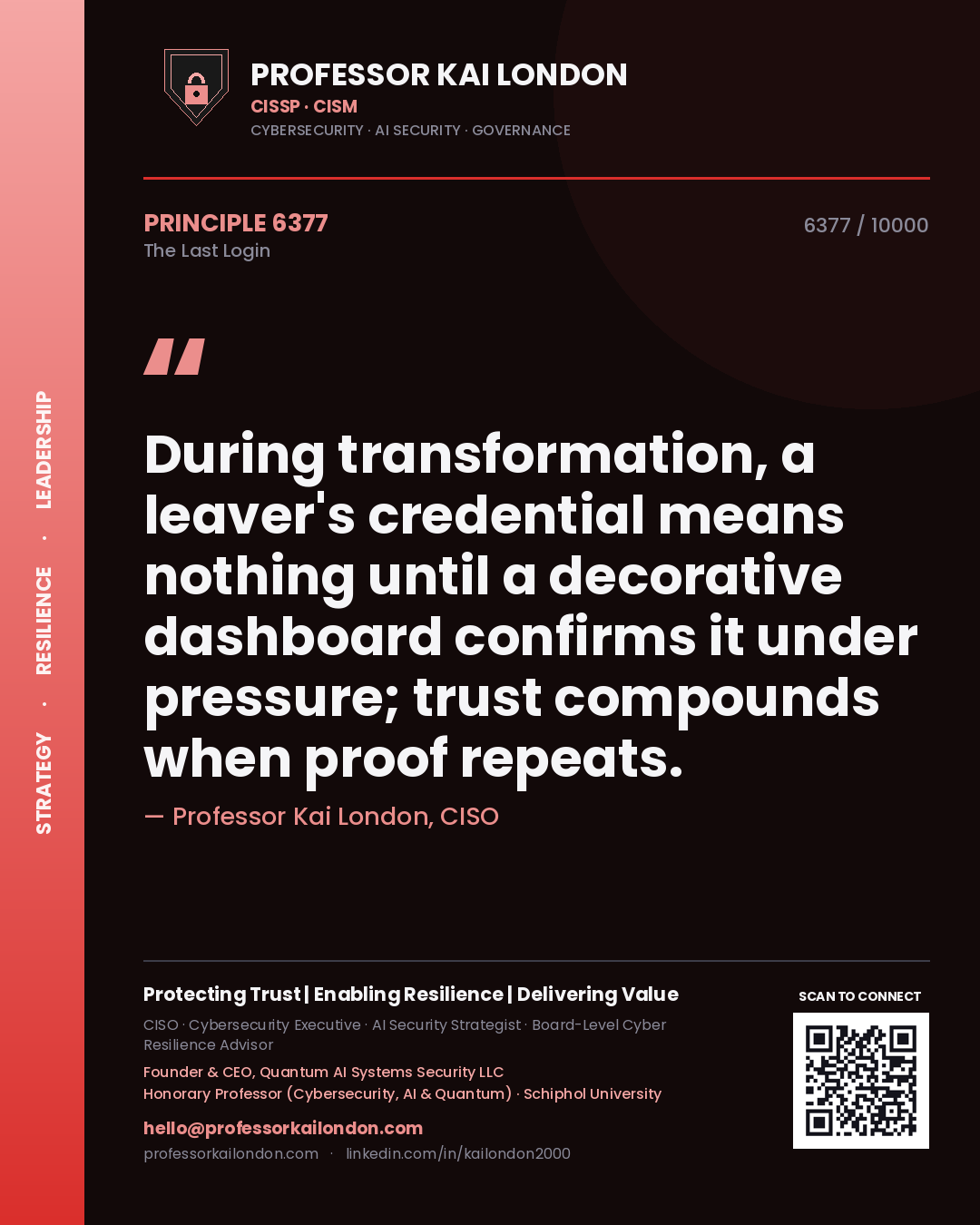 Professor Kai London principle 6377: During transformation, a leaver's credential means nothing until a decorative dashboard confirms it under pressure; trust compounds when proof repeats.